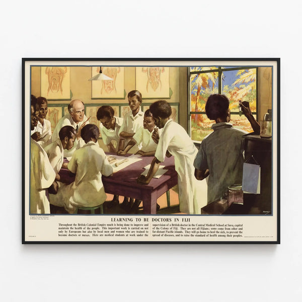 Vintage Educational Poster on Medical Learning in Fiji — framed artwork on a wall