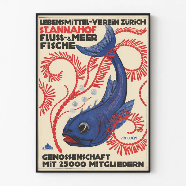 Vintage poster of a blue fish and red algae wall decoration