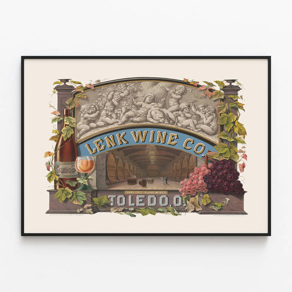 Vintage Poster Lenk Wine Co. Toledo - Wine and Vineyard Wall Decoration — framed artwork on a wall