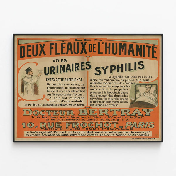 Vintage Poster The Two Scourges of Humanity - Syphilis and Urinary Tracts — framed artwork on a wall
