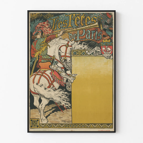 Vintage poster of the Paris Festivals featuring a knight in armor and a trumpet