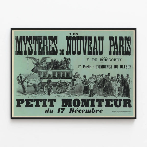 Vintage poster Les Mystères du Nouveau Paris by F. du Boisgobey — framed artwork on a wall