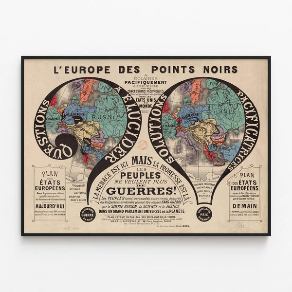 Vintage poster 'L'Europe des points noirs' for historical wall decoration — framed artwork on a wall