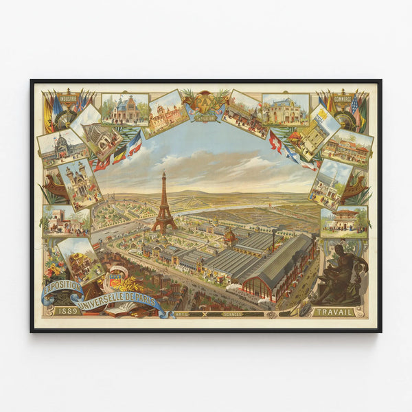 Vintage poster of the 1889 Paris Universal Exposition wall decoration — framed artwork on a wall