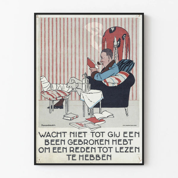 Vintage Poster of a Man Reading with a Broken Leg in a Chair