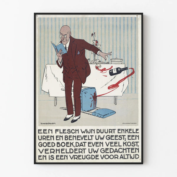 Vintage poster of a man reading and spilling a glass of wine