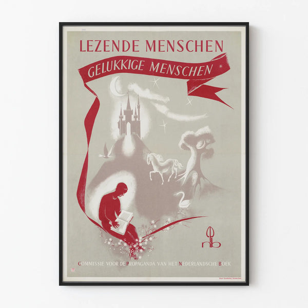 Vintage poster reading Lezende Menschen Glückliche Menschen