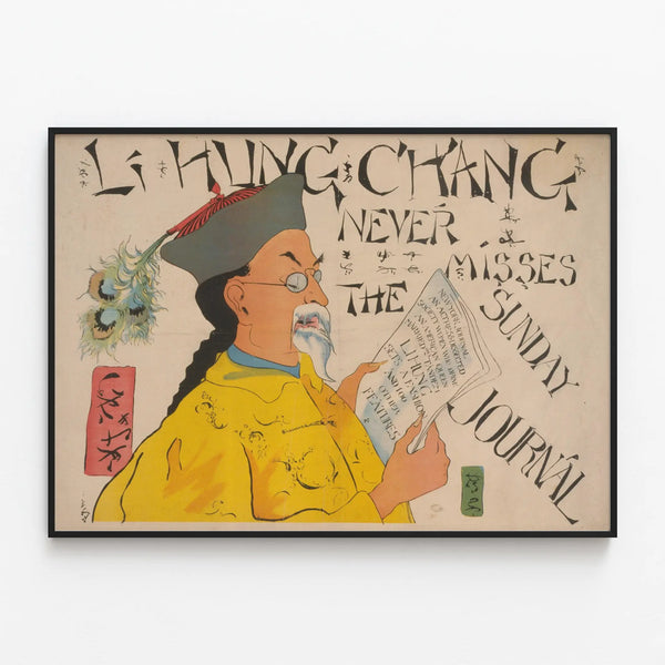 Vintage poster of Li Hung Chang reading a Sunday newspaper — framed artwork on a wall