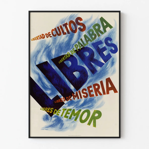 Vintage decorative poster Libertés in blue, green, and red