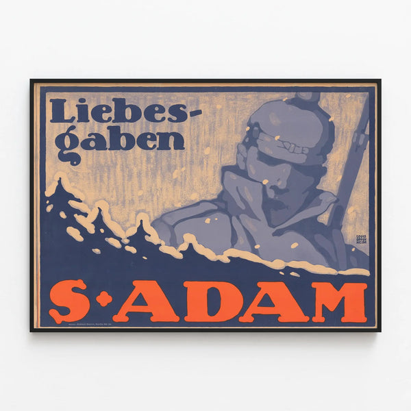 Vintage poster Liebesgaben S. Adam for wall decoration — framed artwork on a wall