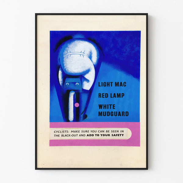Vintage cyclist safety poster with red lamp and white fender
