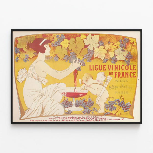 Vintage Poster of the French Winegrowers' League, Grape Cluster and Cupid — framed artwork on a wall