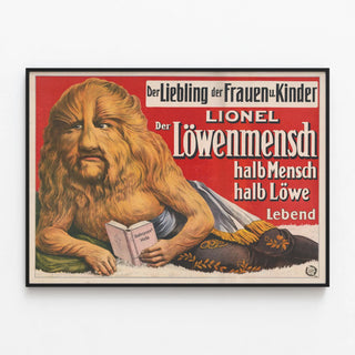 Vintage poster of Lionel Löwenmensch, half-man half-lion — framed artwork on a wall
