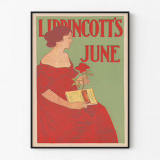 Vintage Poster Lippincott's June with Woman in Red Dress