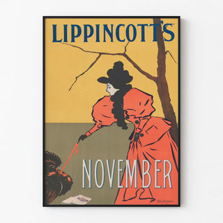Vintage poster Lippincott's November with an elegant woman in a red coat