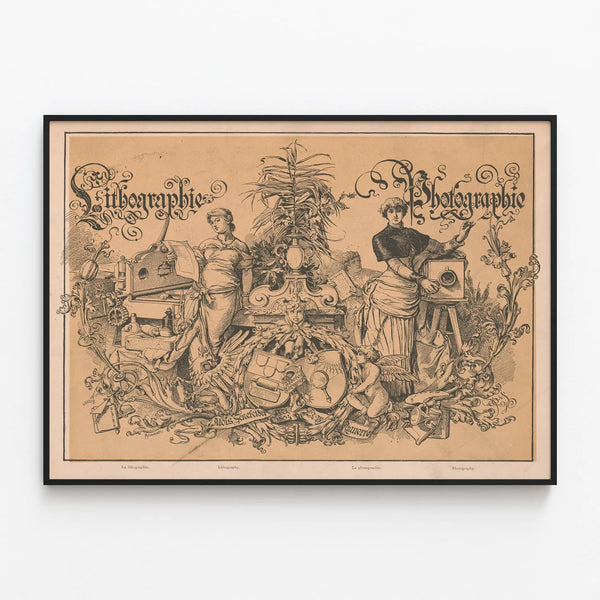 Vintage Artistic Poster Lithograph and Photograph — framed artwork on a wall