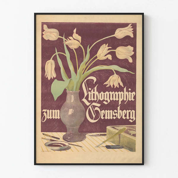 Vintage poster lithograph of Zum Gemsberg with a bouquet of tulips