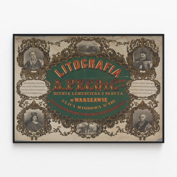 Vintage advertising poster lithograph A. Pecq in Warsaw — framed artwork on a wall