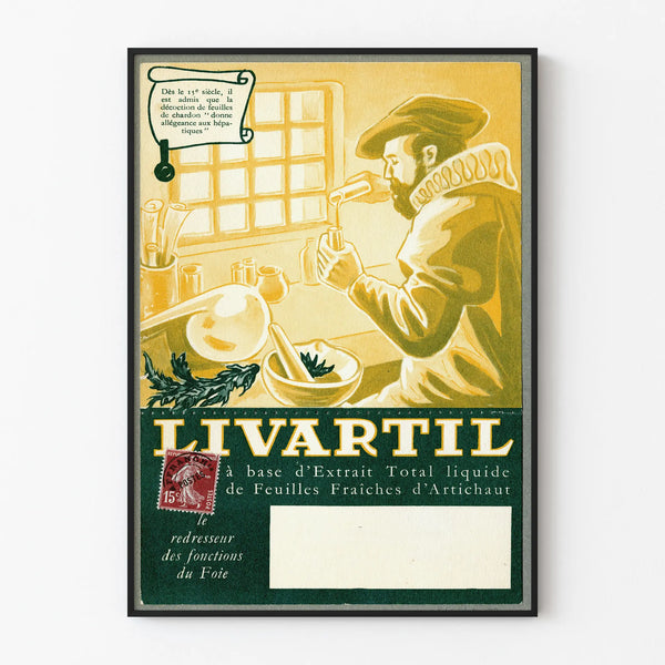 Vintage Livartil advertising poster featuring an artichoke extract
