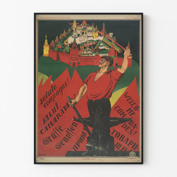 Retro Worker and Kremlin Poster - Soviet Wall Decoration