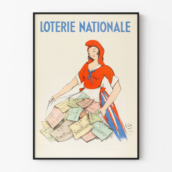 Vintage poster of the National Lottery featuring a woman in a tricolor dress