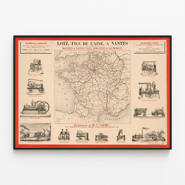 Vintage Poster of Lotz Steam Engines in Nantes – Industrial Wall Decoration — framed artwork on a wall