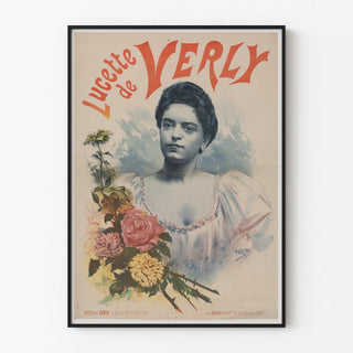 Vintage poster of Lucette de Verly with portrait and flowers