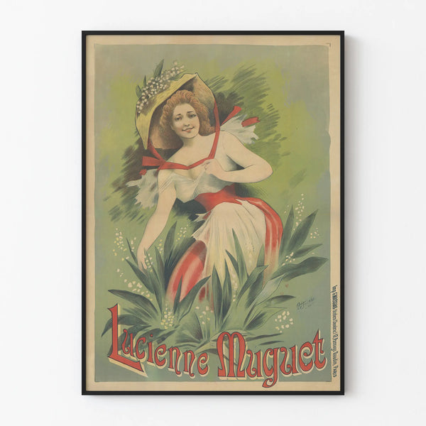 Vintage poster of Lucienne Muguet in a white dress and floral hat