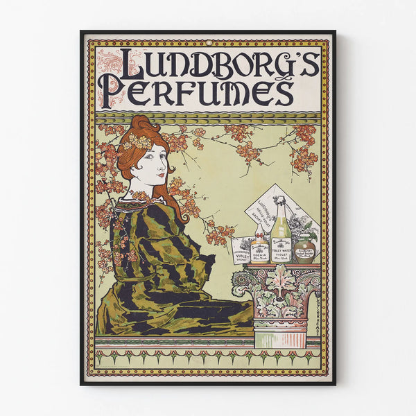 Vintage Lundborg's Perfumes poster with floral decoration and stylized woman