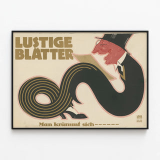Vintage poster Lustige Blätter with man with bent body — framed artwork on a wall