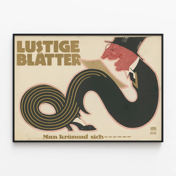 Vintage poster Lustige Blätter with man with bent body — framed artwork on a wall