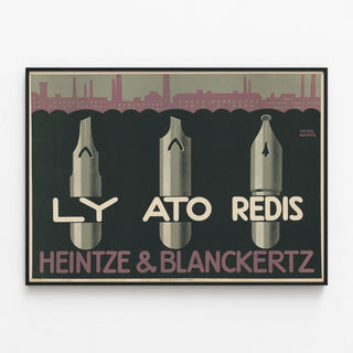 Vintage poster of writing quills by Heintze & Blanckertz — framed artwork on a wall