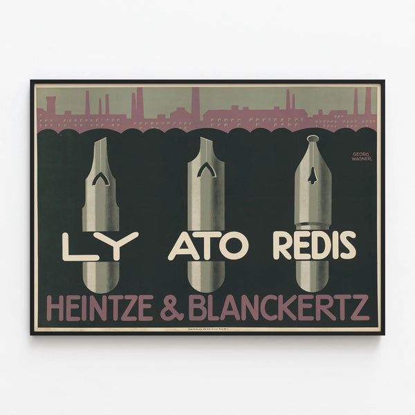 Vintage poster of writing quills by Heintze & Blanckertz — framed artwork on a wall