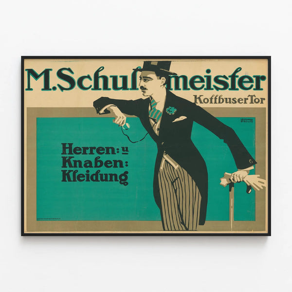 Vintage poster M. Schulmeister men's and boys' fashion — framed artwork on a wall
