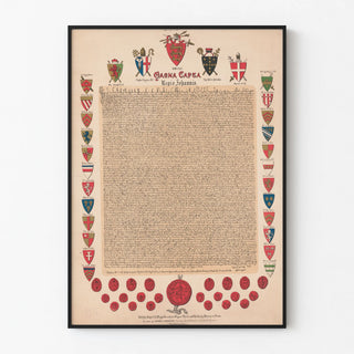 Decorative poster of Magna Carta with medieval coats of arms and seals