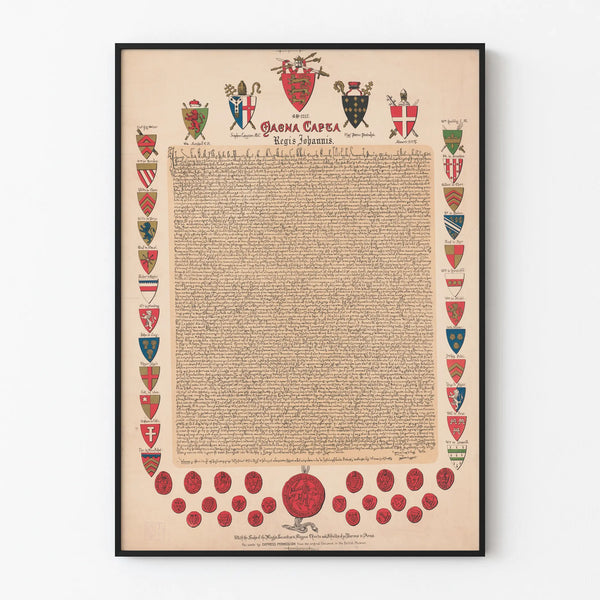 Decorative poster of Magna Carta with medieval coats of arms and seals