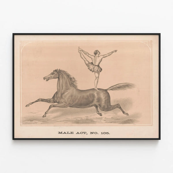 Vintage poster of an acrobat artist on a moving horse — framed artwork on a wall