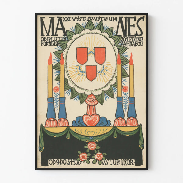 Vintage decorative poster with floral motif and candles in folk style