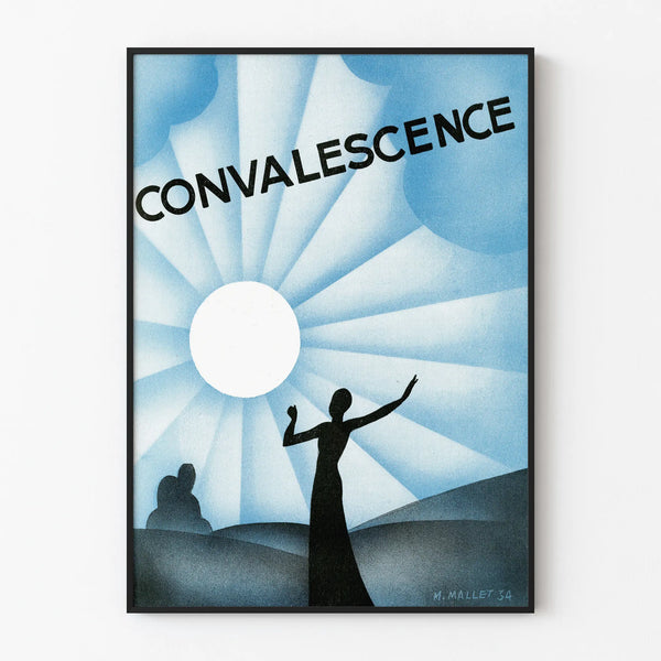 Vintage poster of convalescence with graphic design in blue and black silhouette