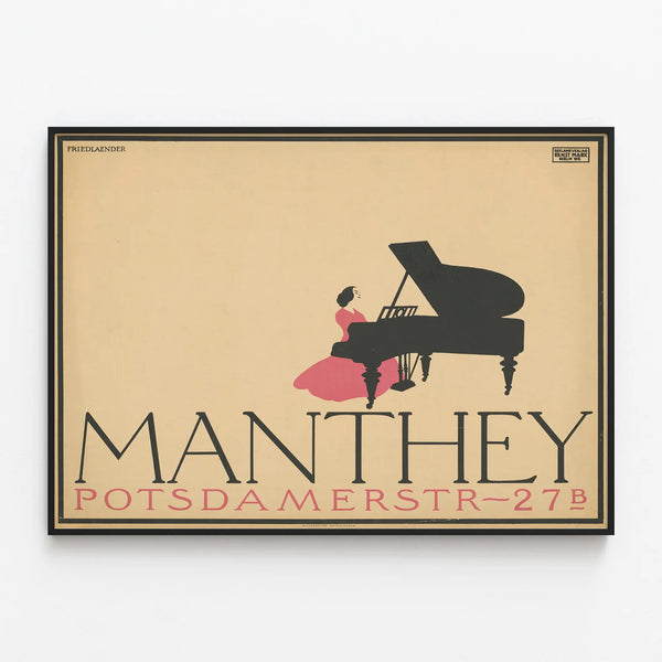 Vintage poster MANTHEY Piano Potsdamerstrasse 27B — framed artwork on a wall