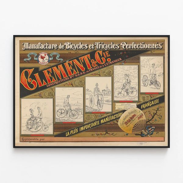 Vintage Poster of Manufacture of Bicycles and Tricycles Clément & Cie — framed artwork on a wall