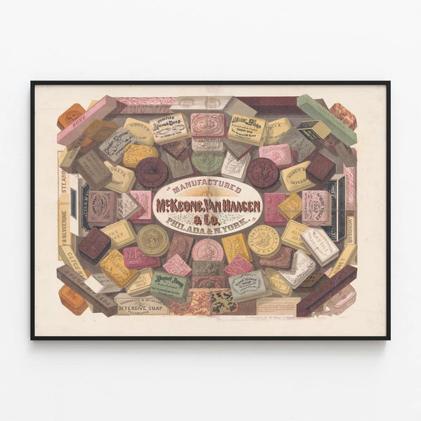 Vintage advertising poster for McKeone Van Haagen soaps — framed artwork on a wall