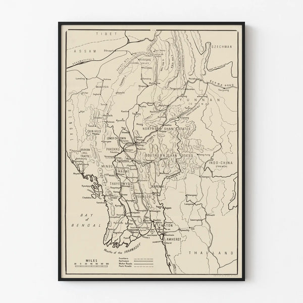 Vintage map poster of borders and transportation networks in Myanmar and neighboring regions