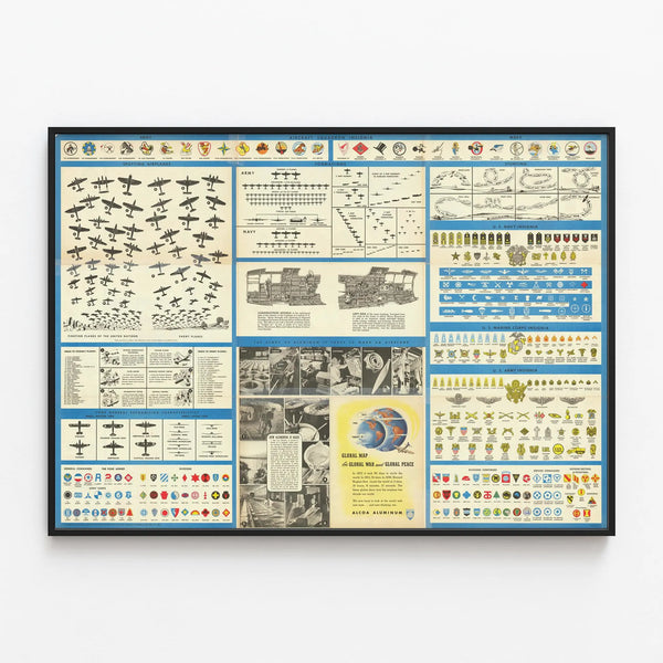 Vintage Poster of World Map and Aeronautical Insignias from the Second World War — framed artwork on a wall