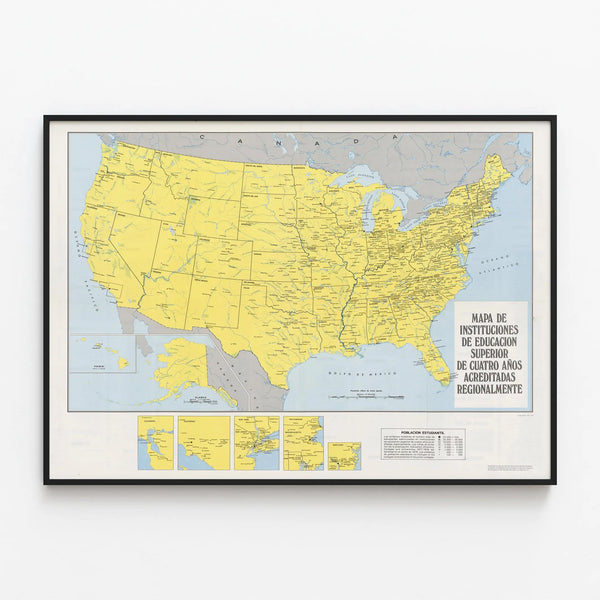 Poster Map of Higher Education Institutions in the United States — framed artwork on a wall