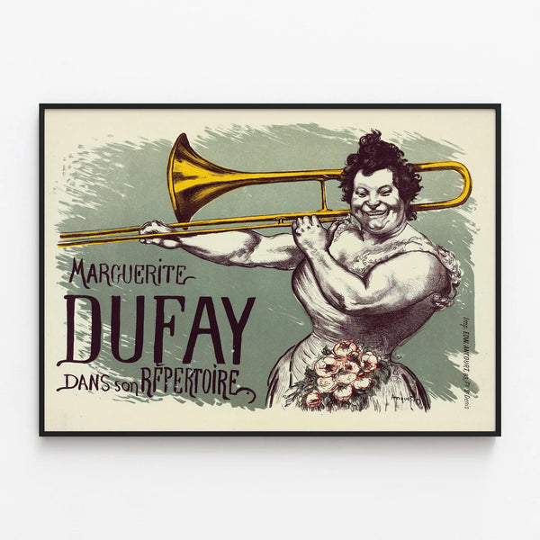 Vintage poster of Marguerite Dufay with decorative trombone — framed artwork on a wall
