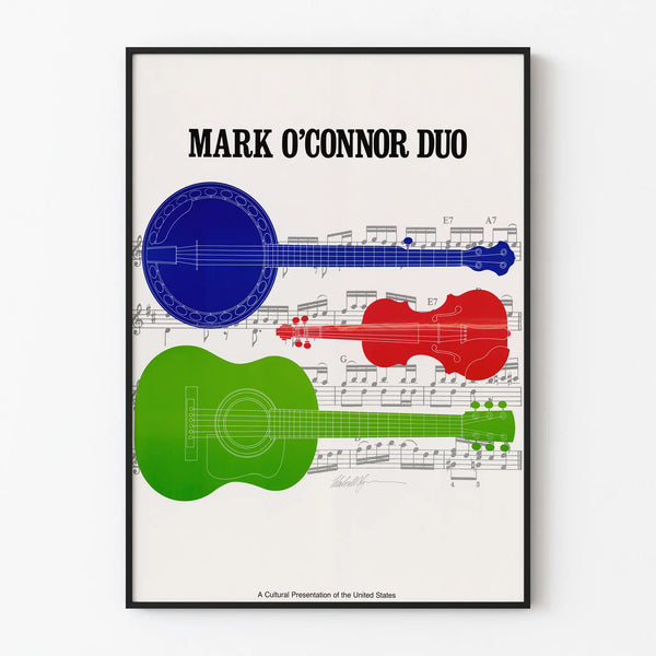 Vintage musical poster with colorful instruments Mark O'Connor Duo