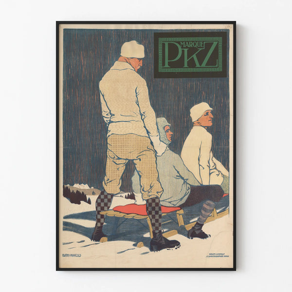 Vintage poster PKZ brand winter sports in the mountains