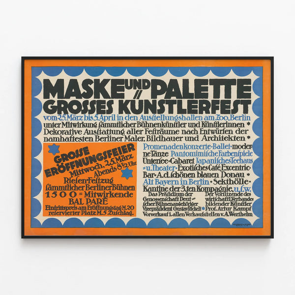Vintage Maske and Palette Decorative Event Poster — framed artwork on a wall