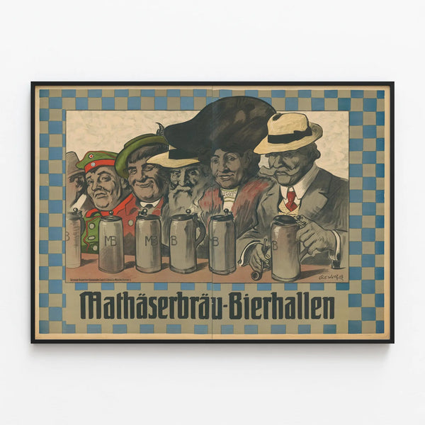 Vintage Mathäserbräu Beer Hall Poster - Retro Wall Decoration — framed artwork on a wall